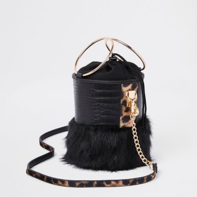 Black faux fur croc round cross body bag