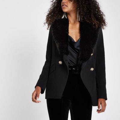Black faux fur button tux style jacket