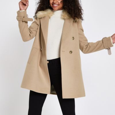 Camel wool faux fur trim coat