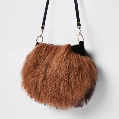 Brown leather Mongolian fur cross body bag - Leather Bags - Bags ...