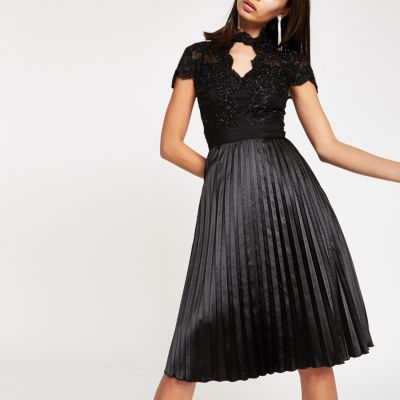 chi chi london black lace mesh flare dress