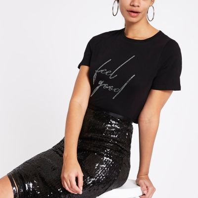 Black ‘feel good’ diamante print T-shirt