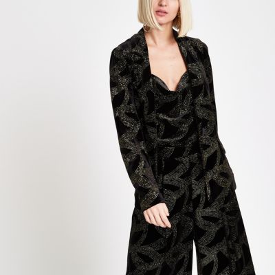 Black glitter embellished tie belt blazer