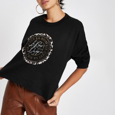 Black ‘c’est la belle’ print crop sweatshirt