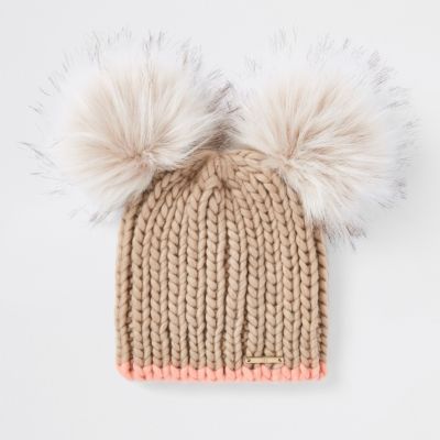 pom double fur pom beanie faux pom fur hat Hats Beige   double pom beanie