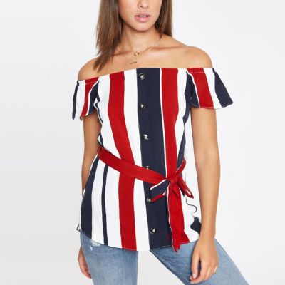 White stripe bardot tie waist top