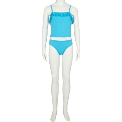 Girls turquoise laser cut frill tankini 