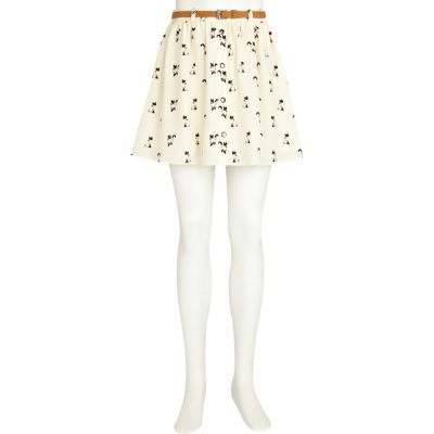 Girls cream cat print belted skirt