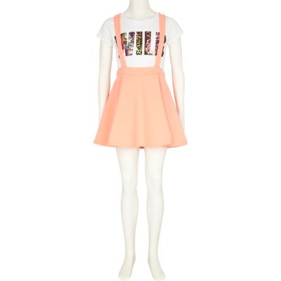 Girls coral dungaree skater skirt and t-shirt