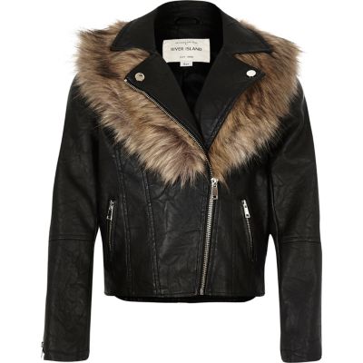 Girls black faux fur collar biker jacket - jackets - coats / jackets ...