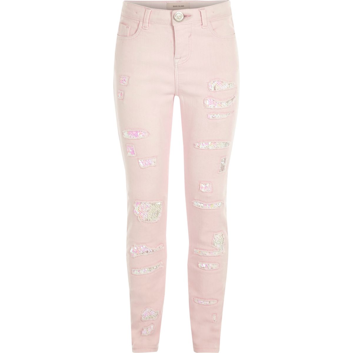 Girls light pink ripped skinny sequin jeans - Denim - Sale - girls