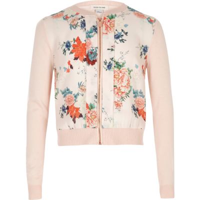 Girls pink floral print zip up cardigan - cardigans / jumpers - girls