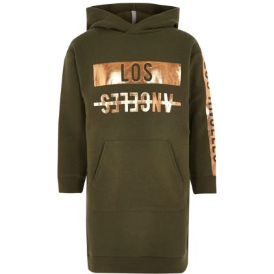 River Island Kaki hoodie-jurk met 'Los Angeles'-print voor meisjes