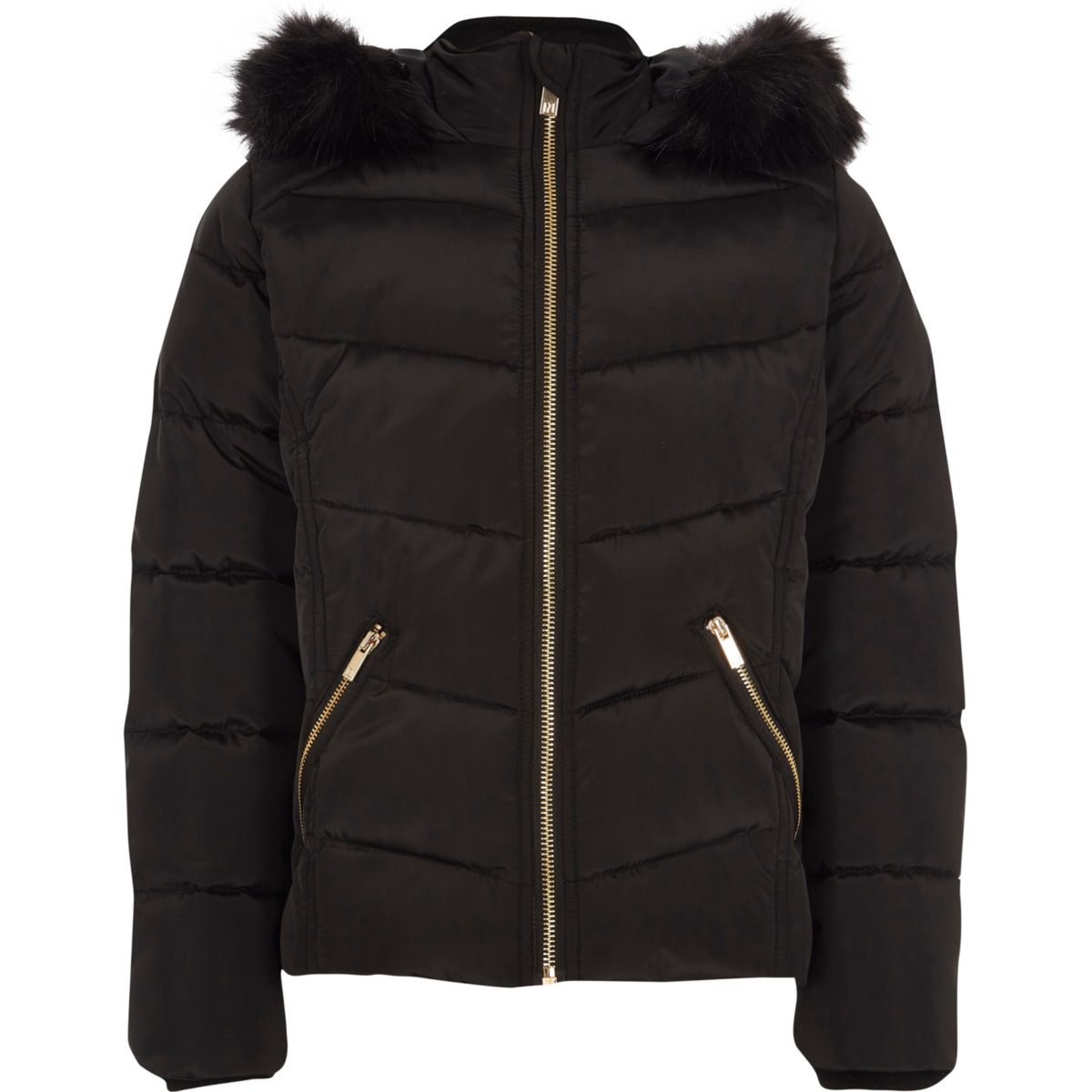 Girls black faux fur hood puffer jacket Jackets Coats & Jackets girls