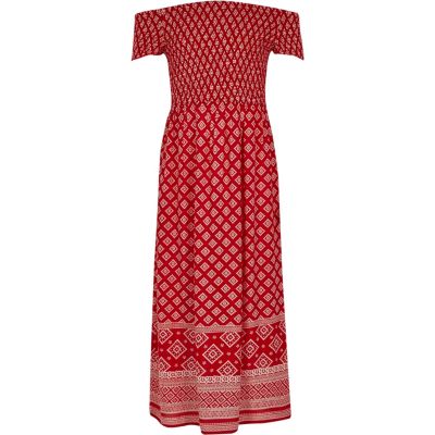River Island Rode gesmokte maxi-jurk in bardotstijl met tegelprint voor meisjes