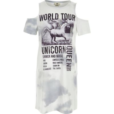 River Island Witte tie-dye T-shirtjurk met 'unicorn'-print voor meisjes