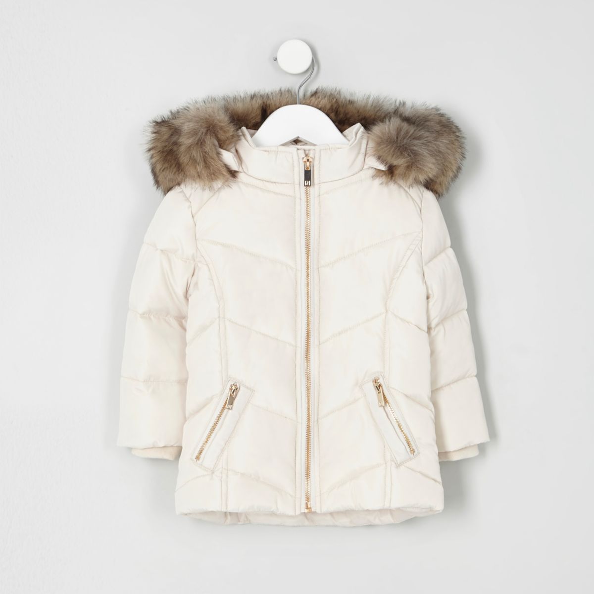 Mini girls cream faux fur trim padded coat Baby Girls Coats & Jackets