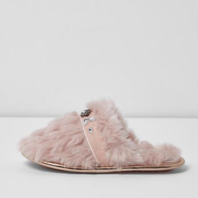 Girls pink fluffy embellished slippers - Slippers - Footwear - girls