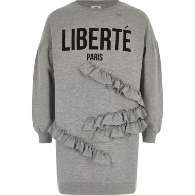 River Island Grijze sweatshirtjurk met ruches en 'liberte'-print voor meisjes