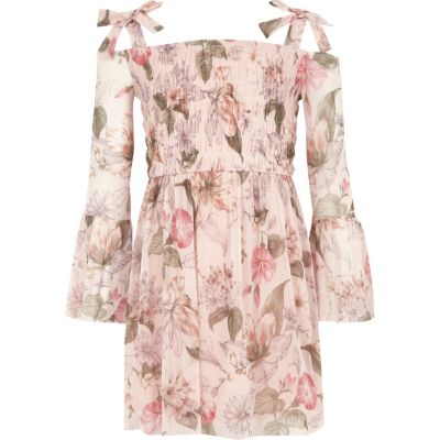 River Island Roze bardotjurk met pofmouwen en bloemenprint voor meisjes