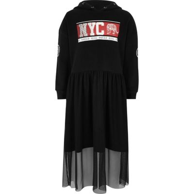 River Island Zwarte hoodie-jurk met 'NYC'-`print en mesh rok