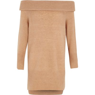 River Island Camelkleurige trui-jurk met bardothals voor meisjes