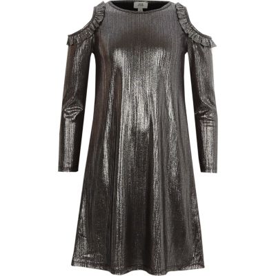 River Island Metallic-grijze schuouderloze jurk met folie-effect voor meisjes