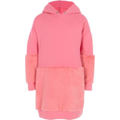 River Island Roze hoodie-jurk met rand van imitiatiebont voor meisjes