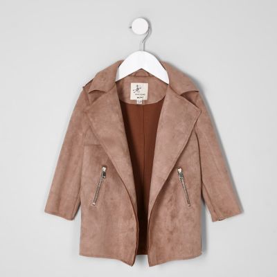 Mini girls tan faux suede trench coat