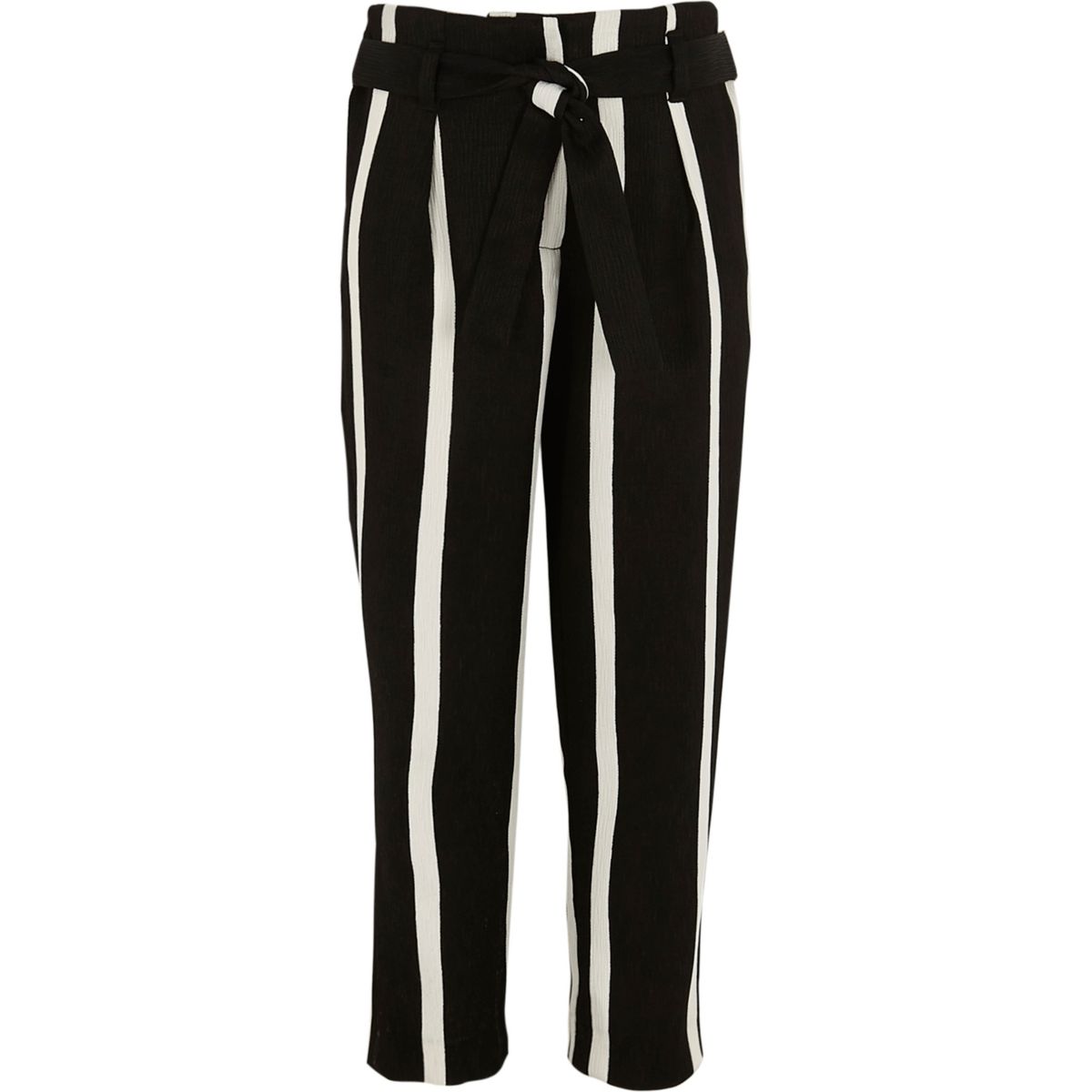 Girls black stripe tie waist tapered trousers - Casual Trousers ...
