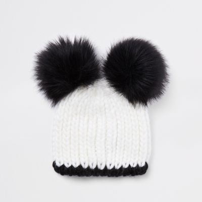 beanie fur pom double baby pom double  pom Girls white pom fur  faux beanie Hats