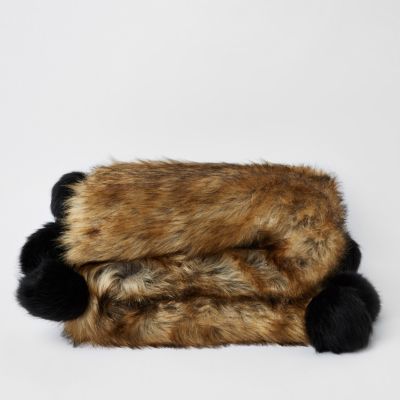 fur throw pom pom fur pom pom throw Brown Throws homeware  with black    faux