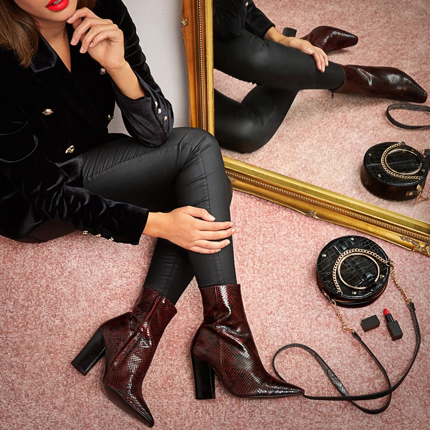 Burgundy snake embossed block heel boots