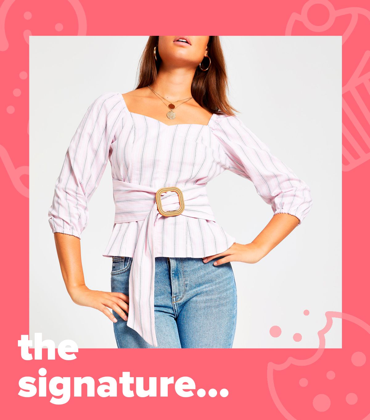 pink stripe belted puff sleeve top
